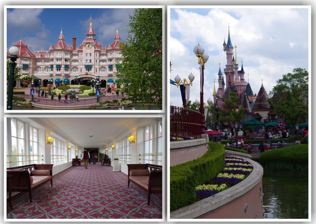 Inside and outside the Disneyland Hotel, and the castle from Fantasyland