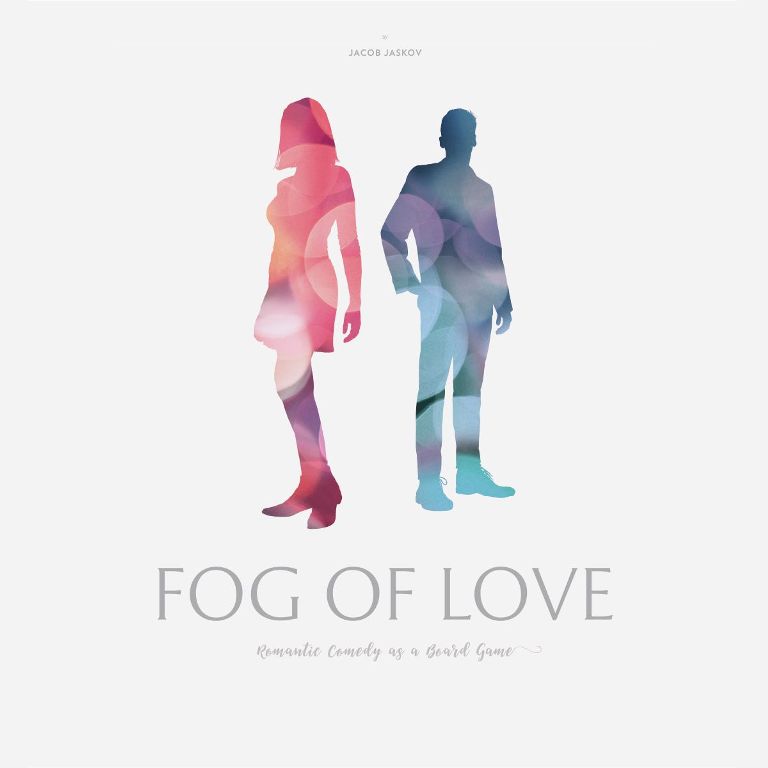 Box cover art of femme and masc silhouettes for the tabletop game Fog of Love