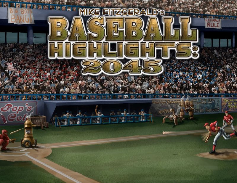 Box cover art of a futuristic baseball diamond for the tabletop game Baseball Highlights 2045