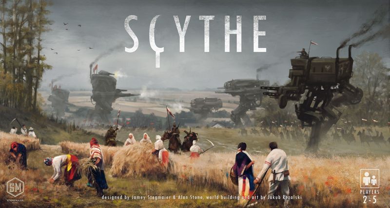 Box cover art for the tabletop game Scythe, farming equipment, mechs, and villagers