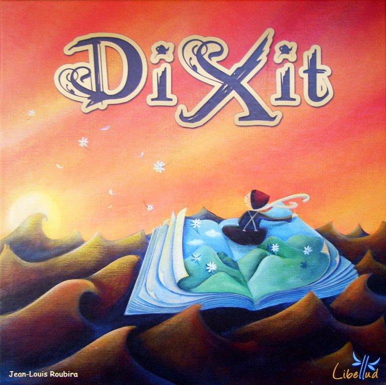 Box cover art of a child riding a book flying over a desert of sand waves for the tabletop game Dixit