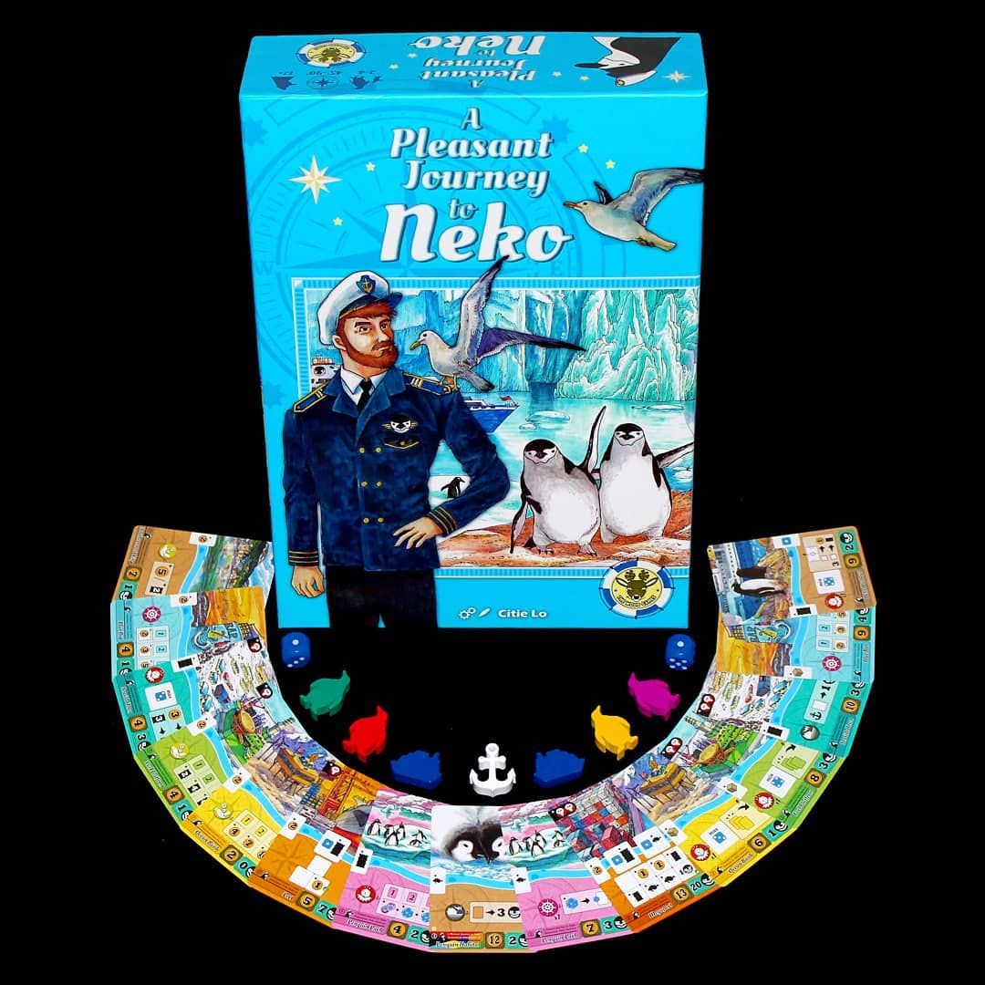 Cover art for the tabletop game A Pleasant Journey to Neko depicting a retro 1960s-style sea captain and penguins