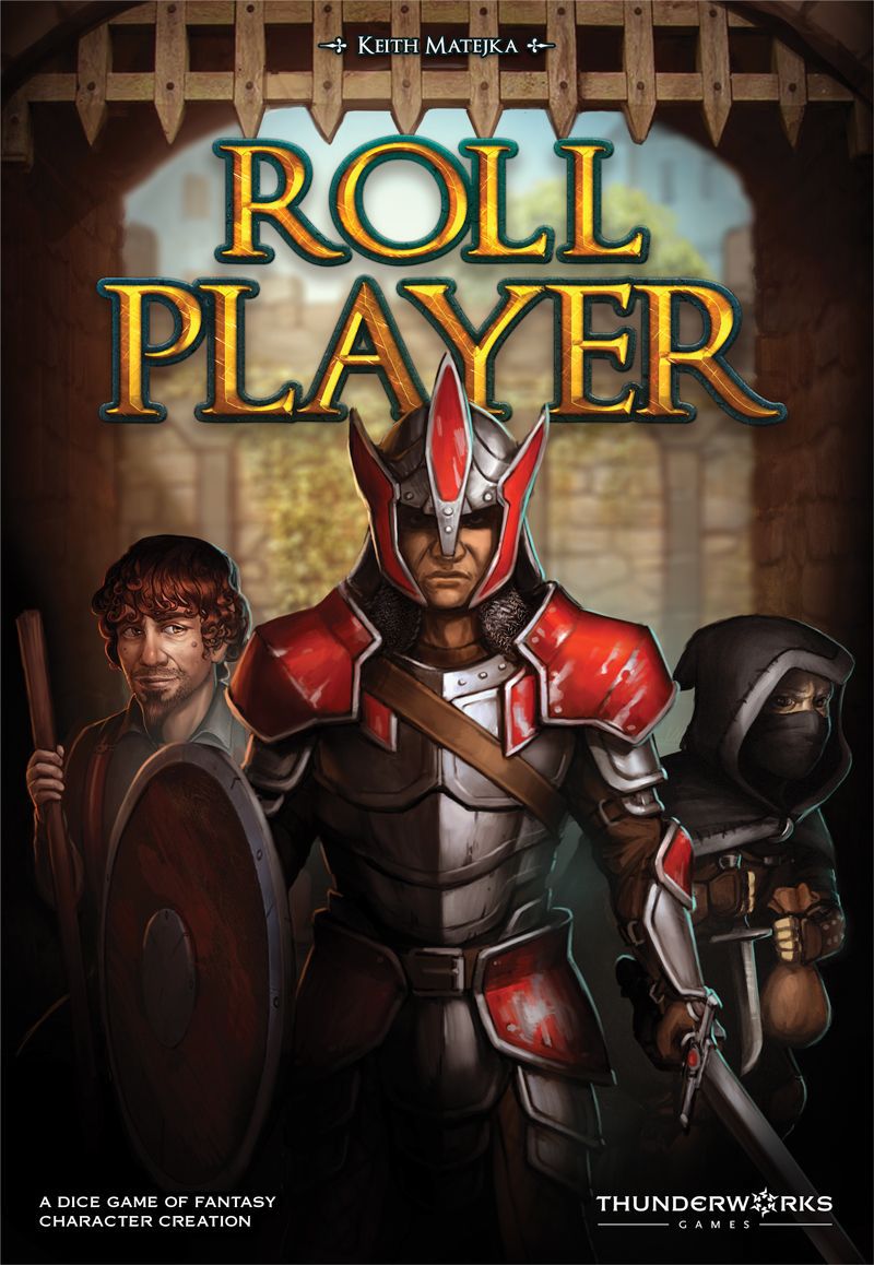 Cover art for the tabletop game Roll Player depctng 3 warrors n front of a castle