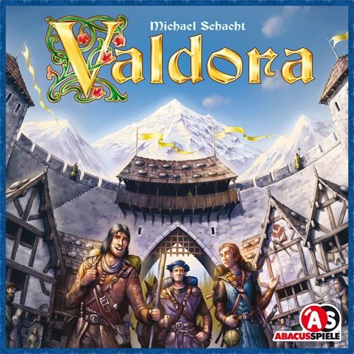 Cover art for the tabletop game Valdora showing fantasy adventurers in front of a middle age city