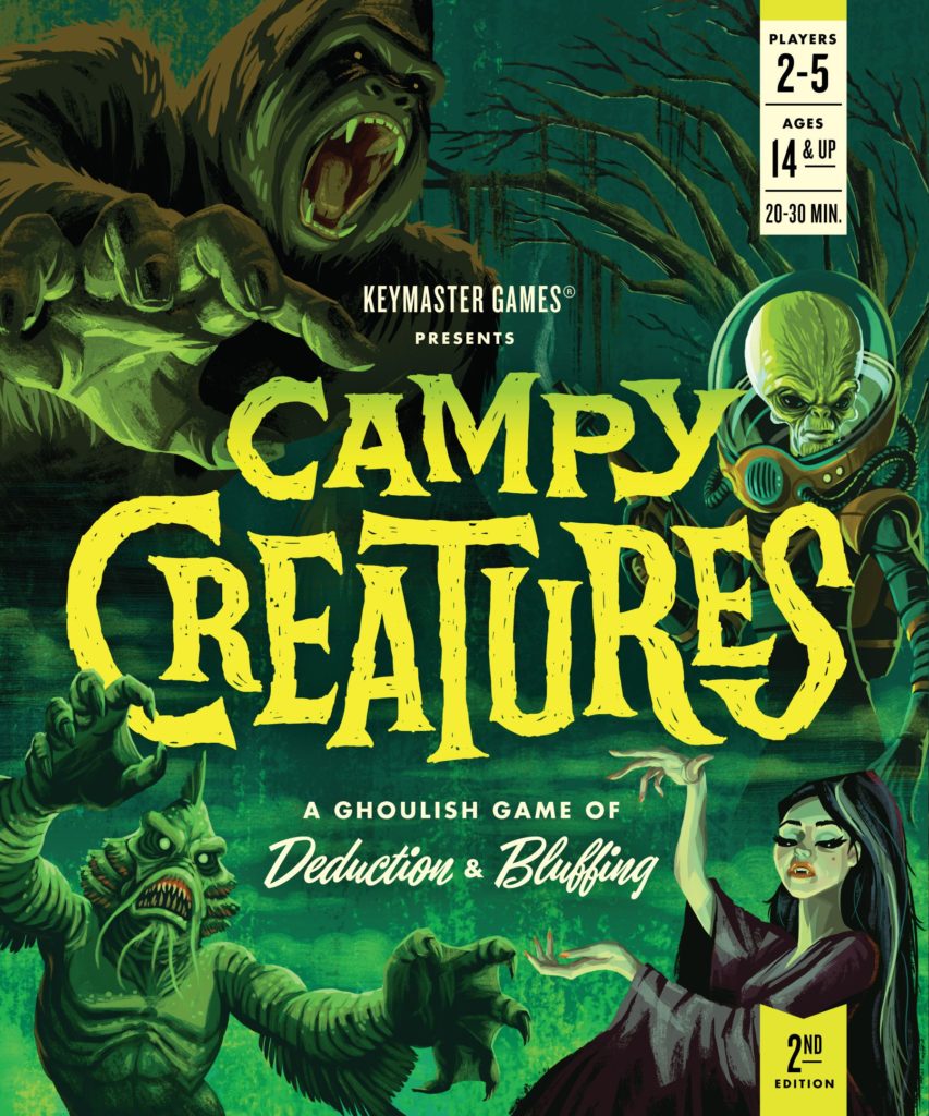 A pulpy board game cover for Campy Creatures in shades of green and neon yellow. Various monsters from creature features surround the title.