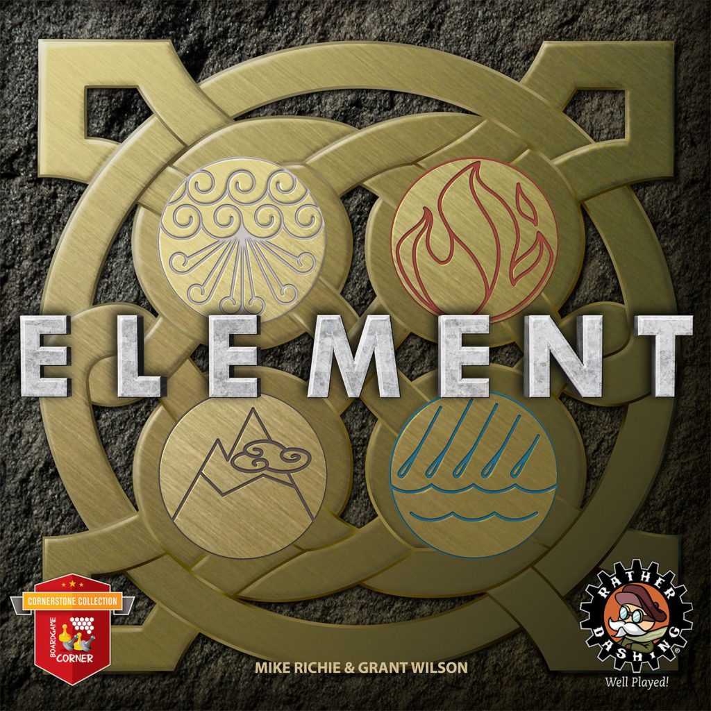 Board game cover art for the game Element. A celtic style circle knot has four interior circles, each with an elemental symbol emblazoned on it (Wind, Fire, Earth, Air)