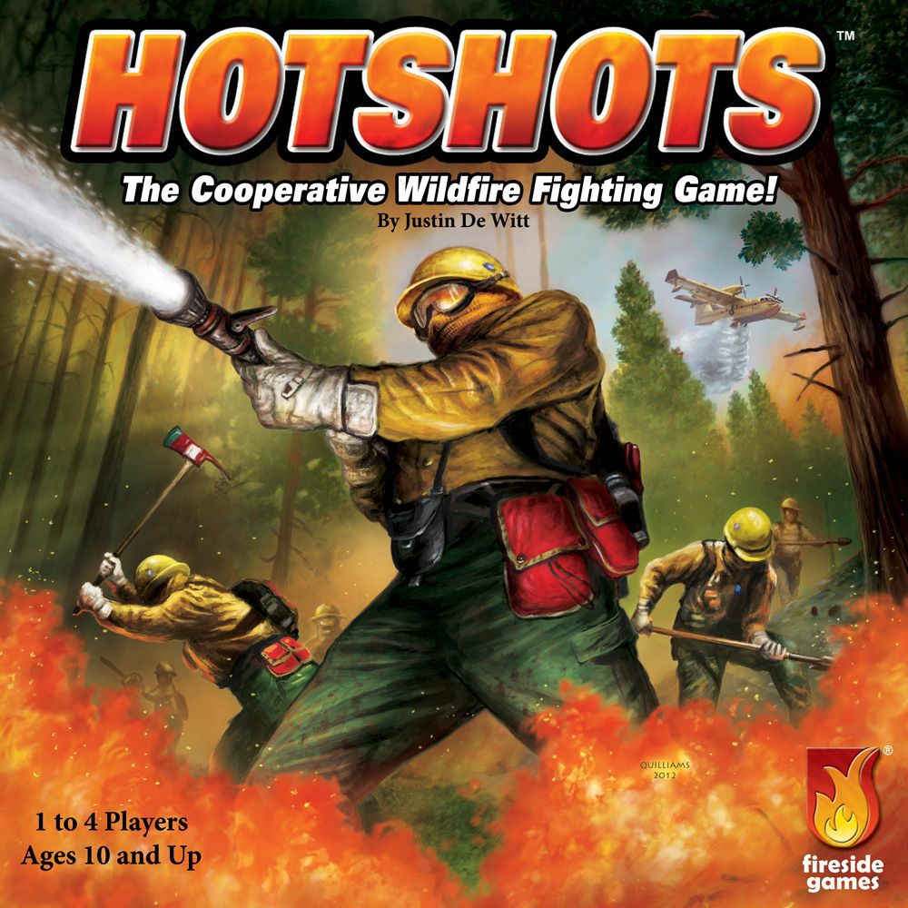 Cover art for the board game Hotshots, showing wildfire fighters spraying water at a blaze. In the background a helicopter drops water on distant trees.
