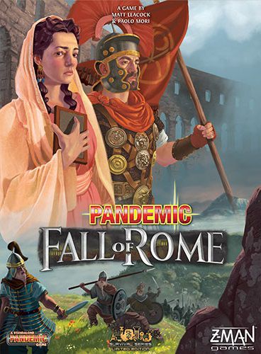 Cover art for the game Pandemic: Fall of Rome. Two Roman citizens, a woman and a centurion stare into the distance in the foreground. Behind them is countryside and ports and an aqueduct.