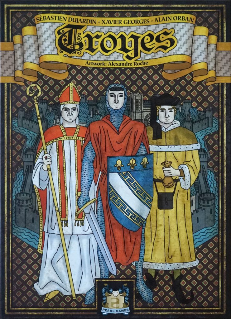 Board game cover art for the game Troyes, depicting three men, a Bishop, a Knight, and a Merchant in medieval garb in the style of 14th or 15th century art.