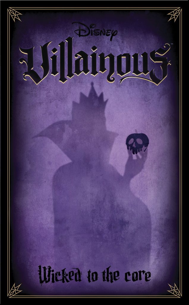 Cover art for the Wicked to the Core expansion of Disney Villainous. A purple background and in deeper plum shades, a silhouette of the Evil Queen from Snow White holding an apple.