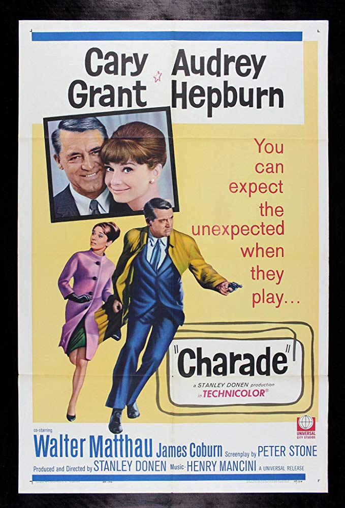 An illustrated poster for the film Charade. In the foreground Audrey Hepburn and Cary Grant are seen running together, holding hands. Cary Grant is holding a gun in his free hand. In the background is a snapshot of Hepburn and Grant, smiling together.