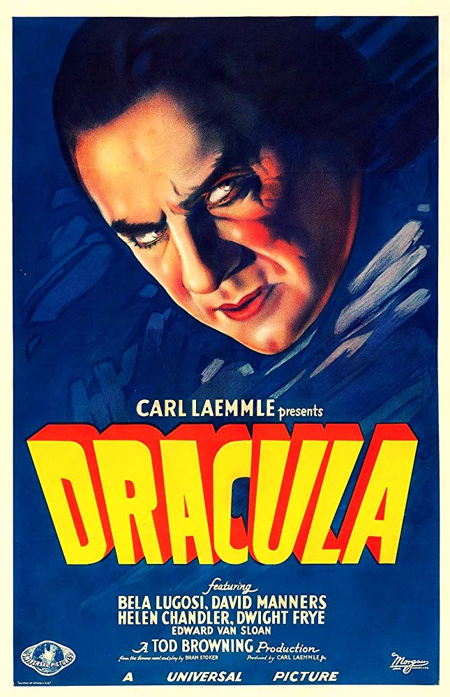 An illustrated poster for the 1931 Carl Laemmle film 'Dracula' depicting a close-up of Bela Lugosi as Dracula