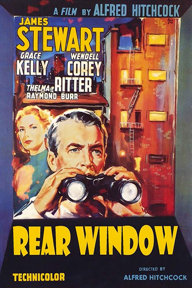 An illustrated poster for the Alfred Hitchcock film Rear Window, showing James Stewart peering through a pair of binoculars. Grace Kelly and a New York apartment building are shown in the background.
