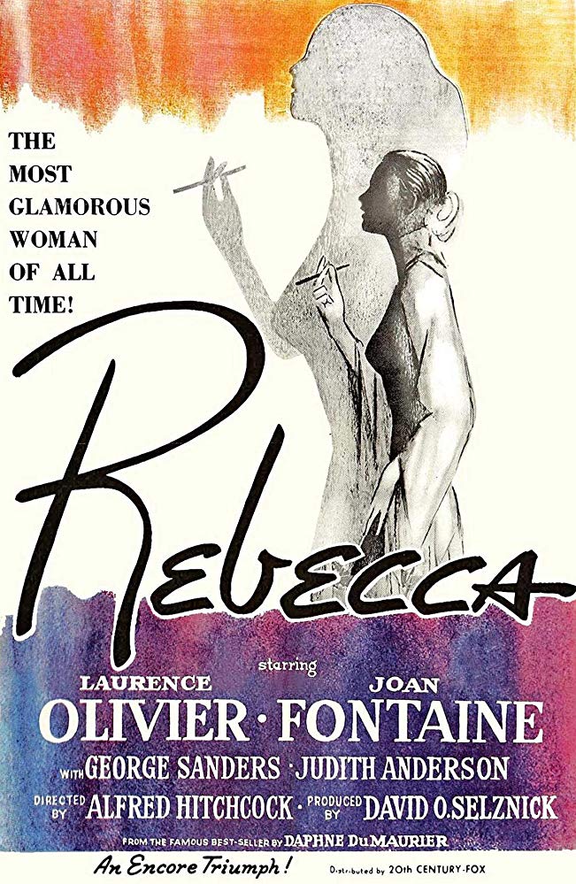 An illustrated posted for the Alfred Hitchcock film Rebecca (1940), depicting the shadowy silhouette of a woman, wearing a 1930s gown and smoking a long cigarillo. 
