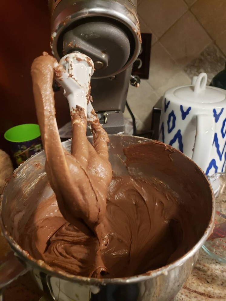 mixture with wet ingredients and cocoa added, mixed until a smooth texture