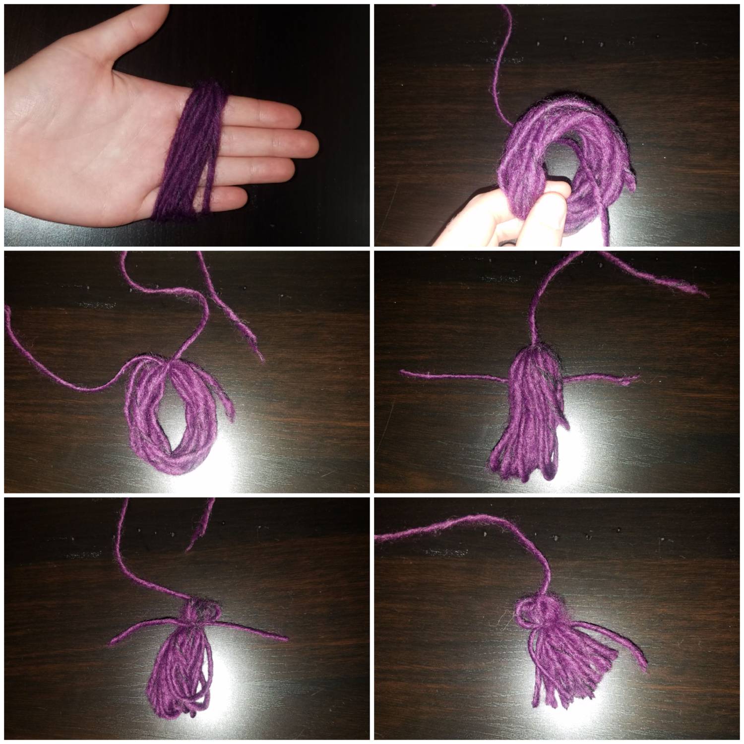 6 steps to making a tassel tail: gather short pieces of equal-length string into a group, fold in half at the middle, tie the folded area with another piece of string, wrap a loose piece around the fold near the knot and tie, then trim to make it all even 
