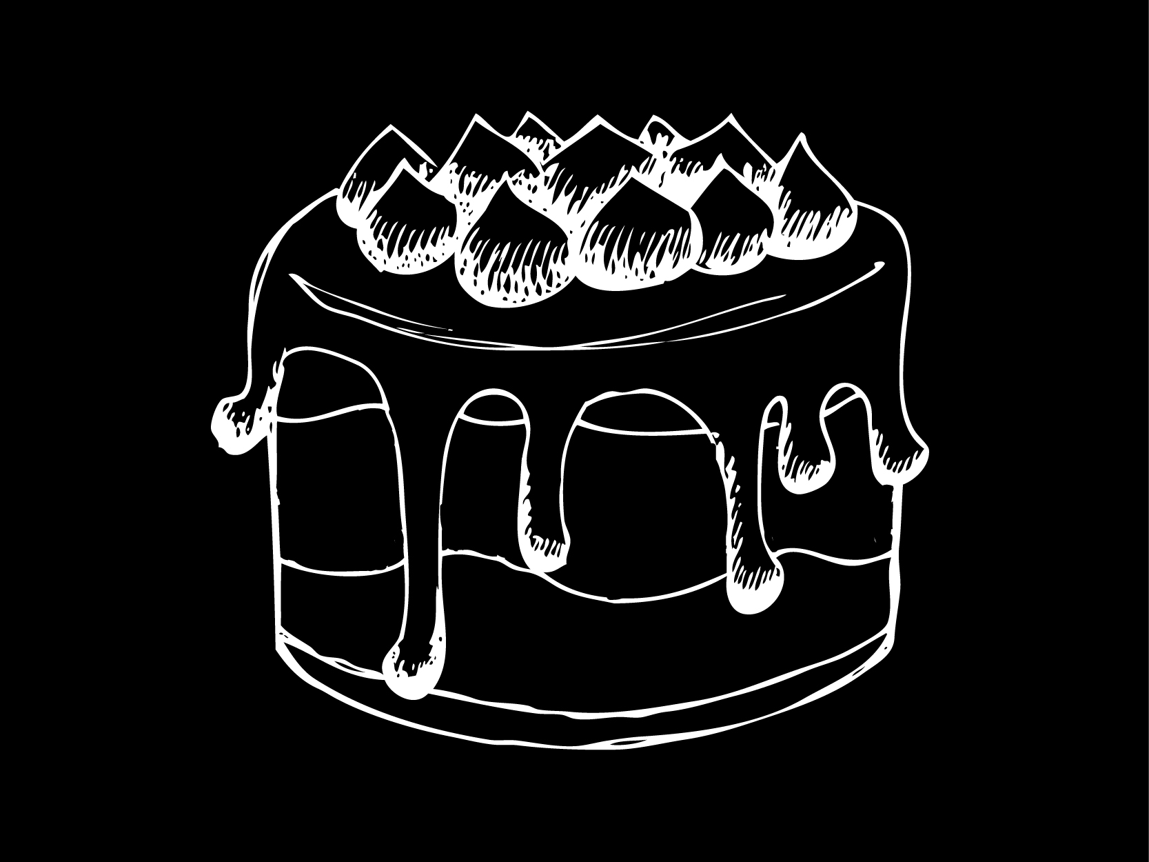 black and white chalk style drawing of a cake with 2 layers, dripping ganache, and topped with peaked merengue