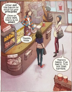 panel from Ms. Marvel #1 - Bruno making yoda -like joke about bacon