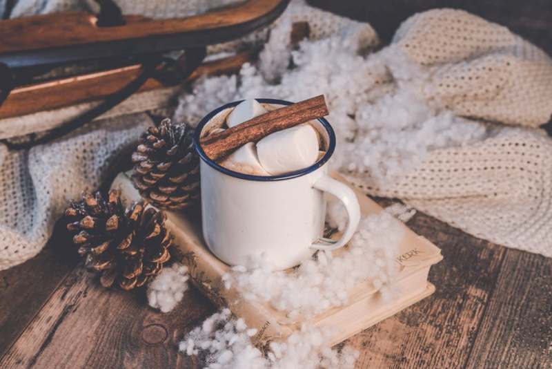 A white mug of hot cocoa with marshmallows and a cinnamon stick, surrounded by pinecones.