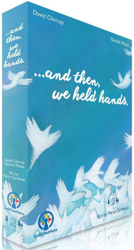 Box cover art of hands shaped into doves for the tabletop game ...and then we held hands.