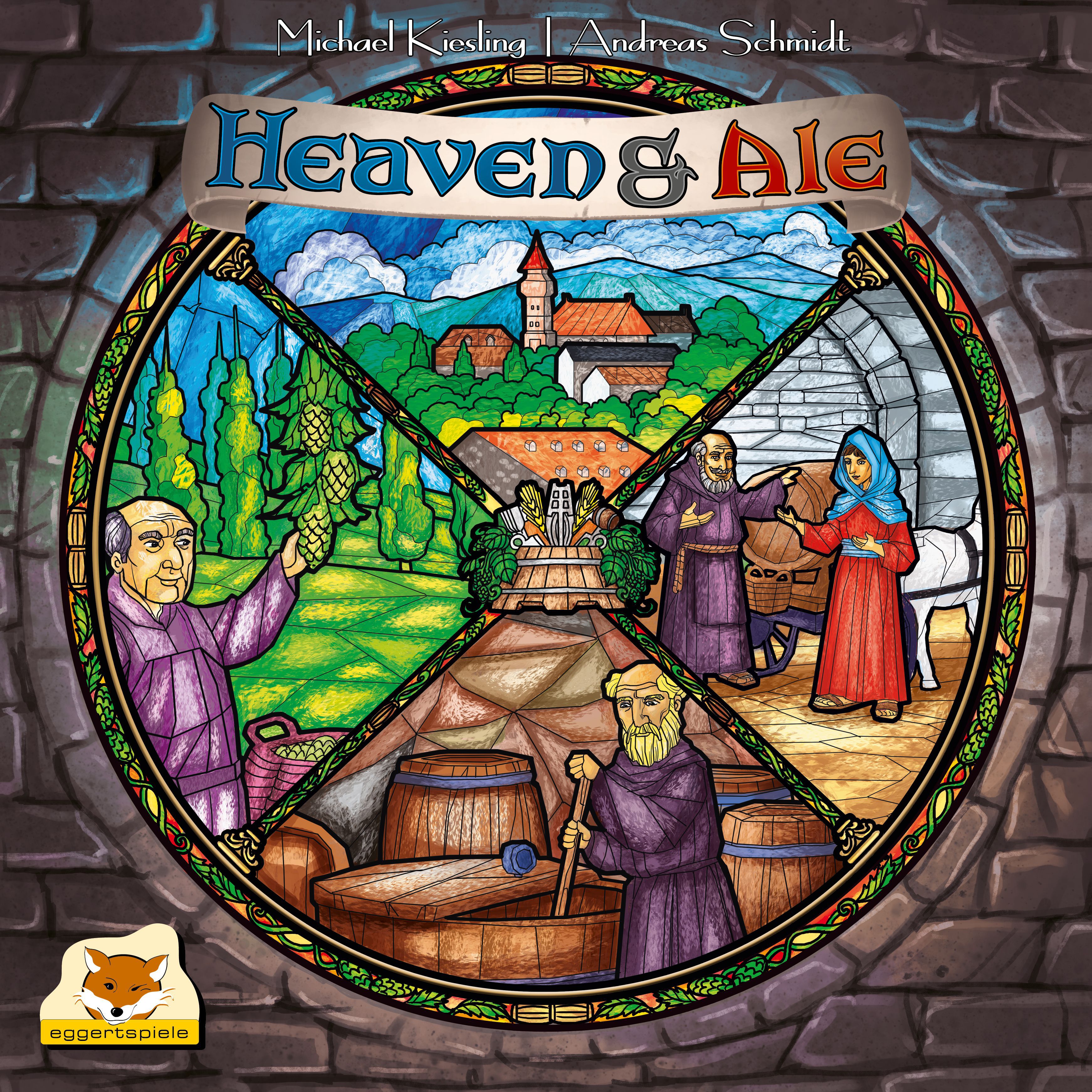 Cover art for the game Heaven & Ale showing a stained glass window of monks brewing beer.