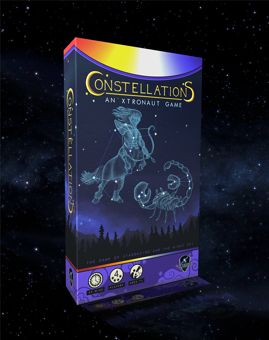 Cover art for the tabletop game Constellations, depicting a night sky with stars and constellations outlined between the stars