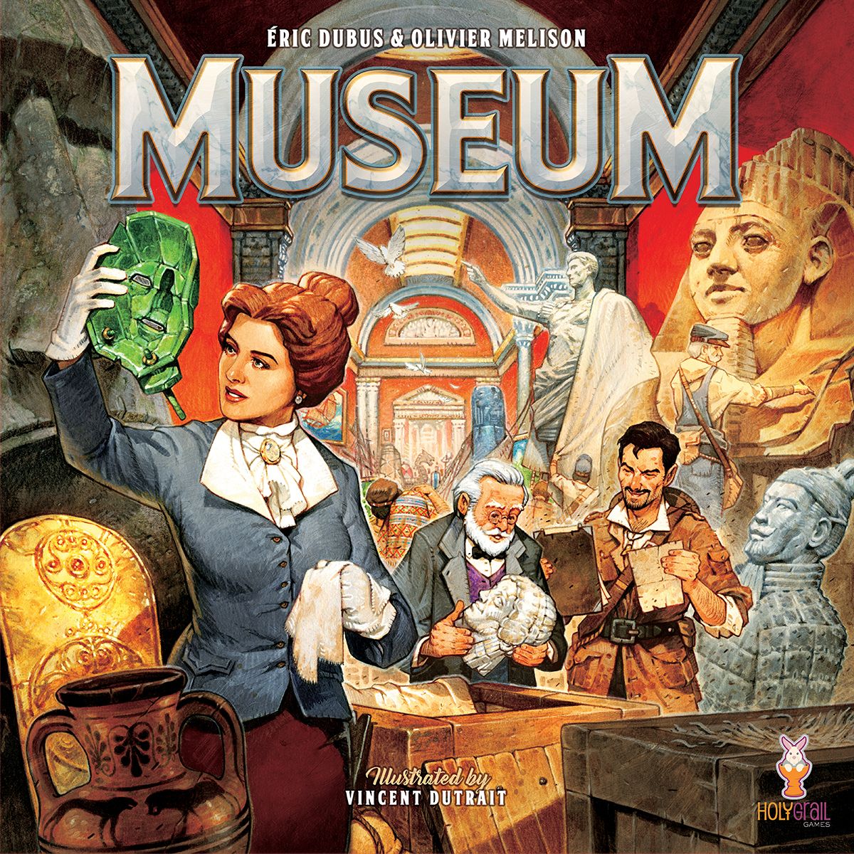 Cover art for the tabletop game Museum, showing curators opening historical artifacts