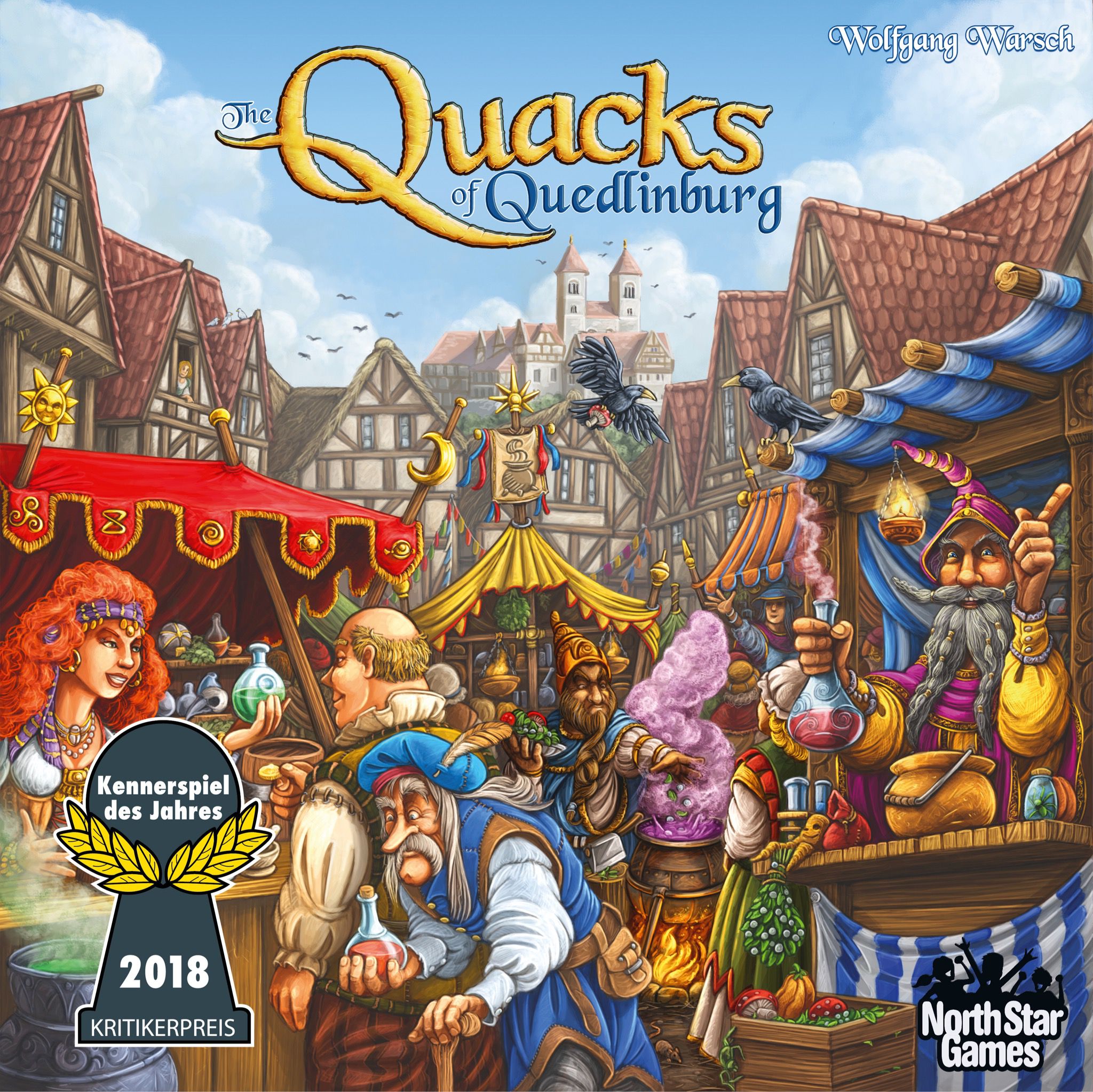Tabletop art for the tabletop game Quacs of Quedlnburg, a fantasy city showing a market and merchants with wares for sale