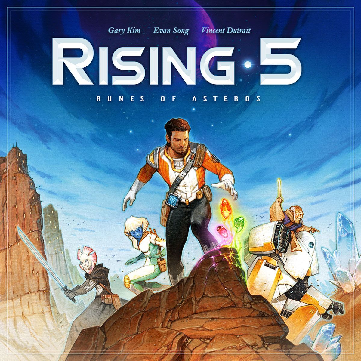 The cover art for the tabletop game Rising 5 showing 5 futurustic space warriors posing