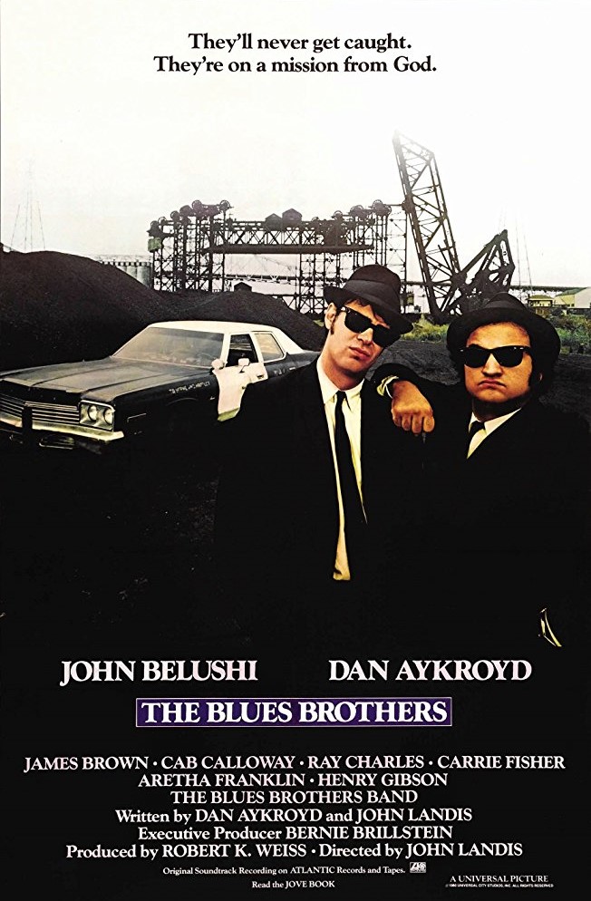 Movie poster for the film The Blues Brothers showing Dan Ackroyd & John Belushi in suits, wearing dark sunglasses, and fedoras.