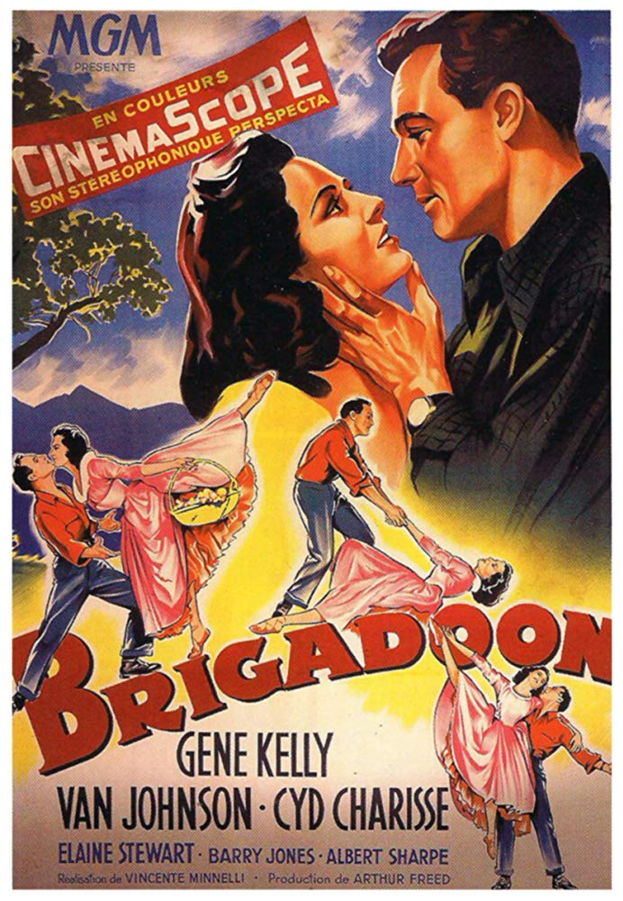 Original poster for the film Brigadoon showing Gene Kelly and Cyd Charisse staring at each other romantically.
