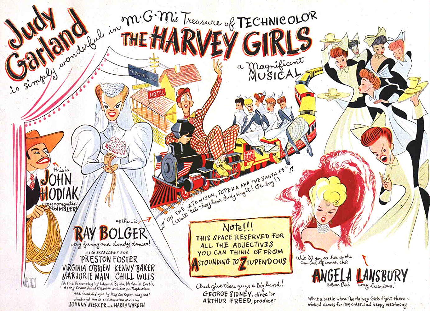 Illustrated movie poster for The Harvey Girls showing hand drawn cartoons of Judy Garland and other cast members as their wild west characters.