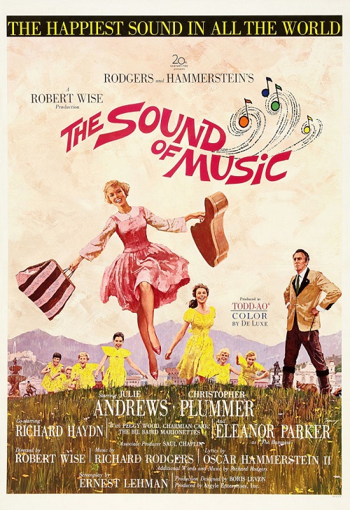 An original poster for the movie The Sound of Music showing an illustration of Julie Andrews and the child actors climbing over a Swiss Alps hilltop. To the side stands an imposing Christopher Plummer as the stern Captain Von Trapp.