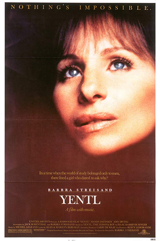 The original movie poster for Yentl with a minimalist style, depicting a close-up, cropped photo of Barbra Streisand's face.