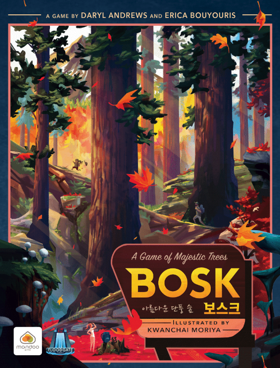 Board game cover for Bosk, depicting tall trees with autumn colored leaves drifting down.