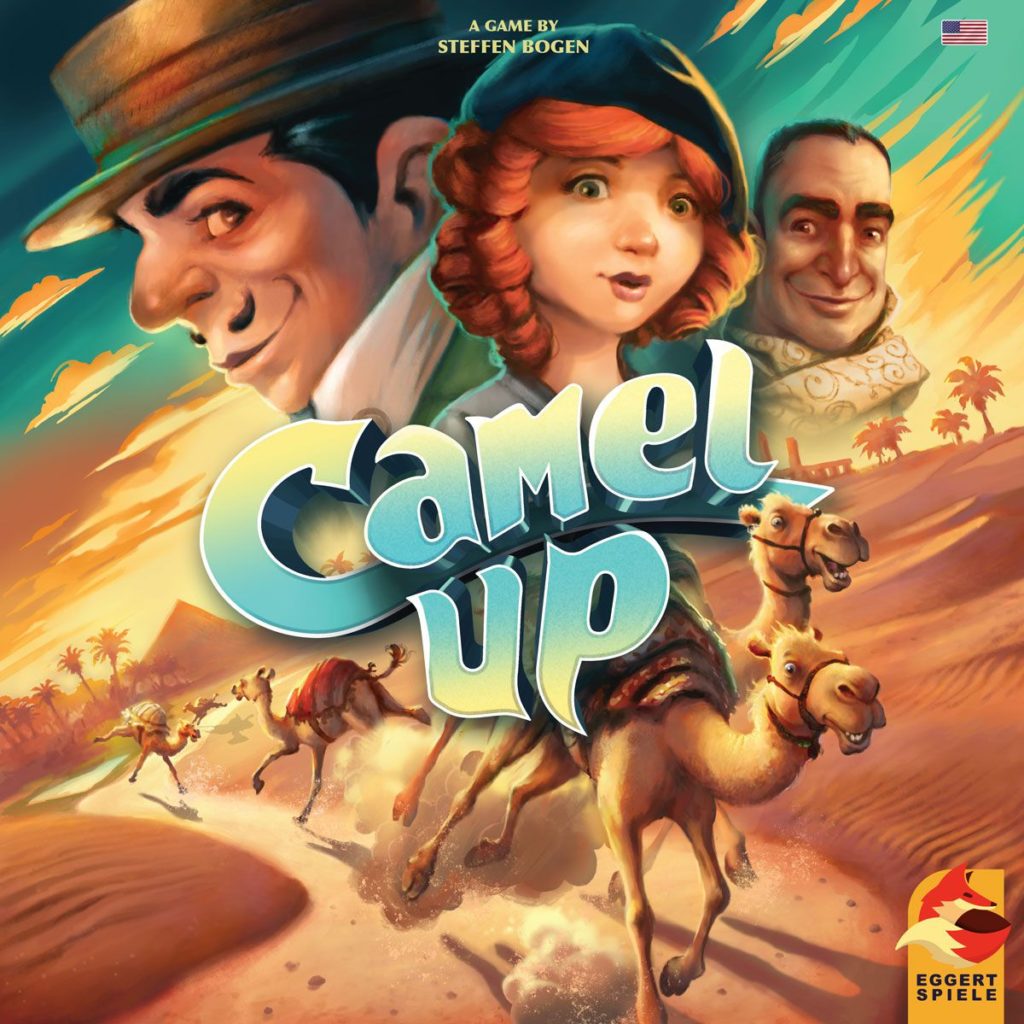 Board game cover for Camel Up, depicting a desert path and racing camels in the foreground. In the top background are the busts of 1920s style illustrated characters.