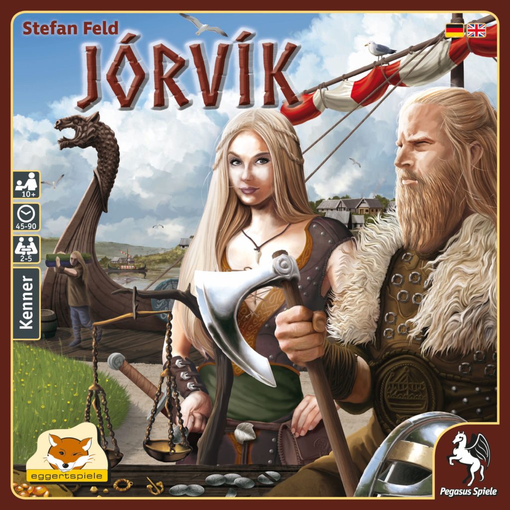 Board game cover for Jorvik, showing a Viking longship in the background and two Vikings in the foreground, one with an ax