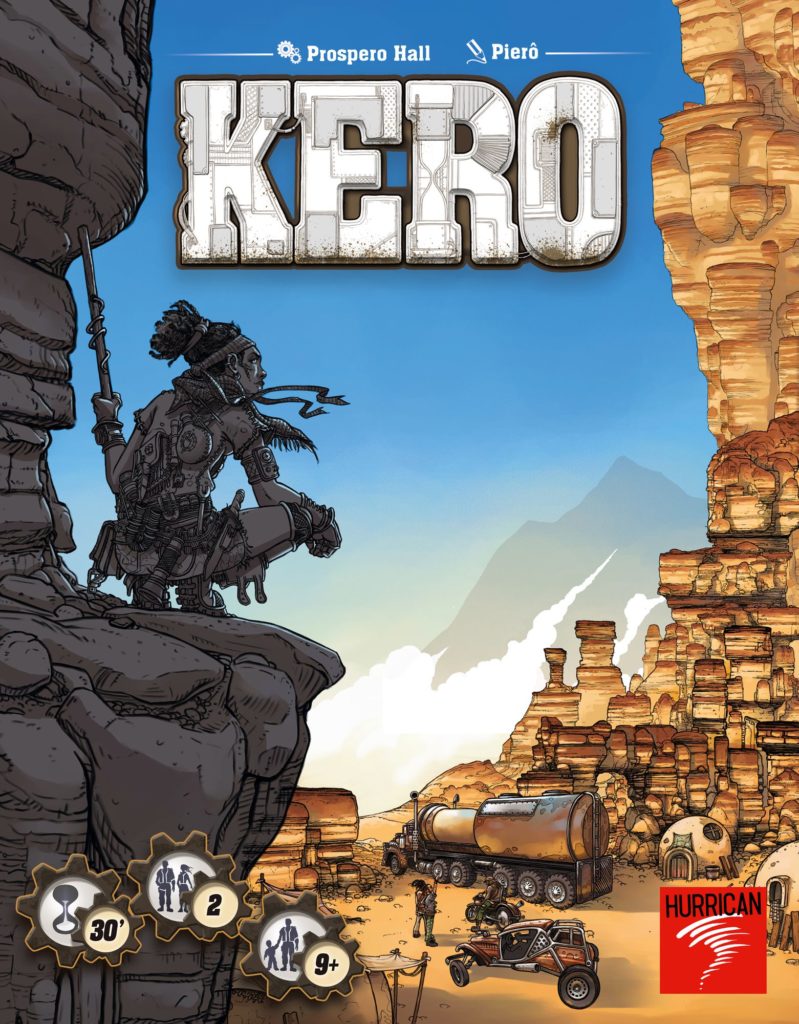 Board game cover for KERO, showing a person crouched on a rock outcropping in the foreground. THey are acting as a lookout for a large tanker truck, driving through a desolate landscape.