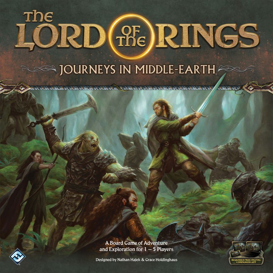 Board game cover for Lord of the Rings Journeys in Middle Earth showing Aragorn, Gimli, and other LOTR characters battling Orcs and Goblins in a forest.