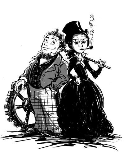 A webtoon charicature of Henry Babbage and Ava Lovelace by the artist Sydney Padua.