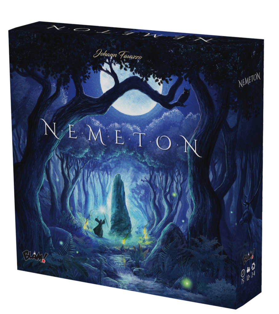 Board game cover for Nemeton showing a mystic stone in the middle of a moonlit wood and a stag standing nearby.