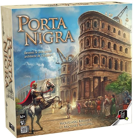 Board game cover for Porta Nigra showing the famous black gate of the Roman empire during construction and a Roman master builder on a white horse.