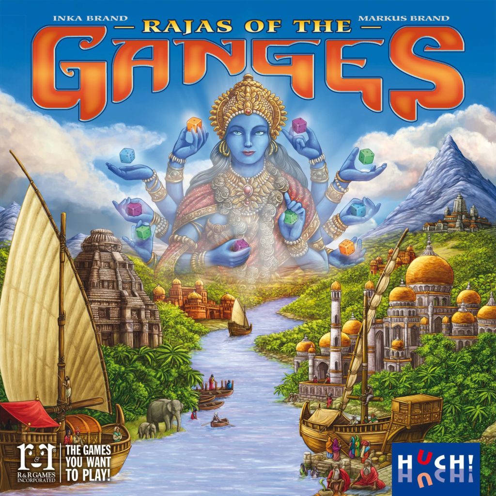 Board game cover for Rajas of the Ganges showing a river with tamples and trees on either side, boats, and in the distant blue sky a many-armed goddess holding gems.