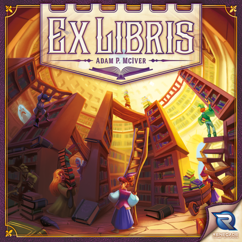 Board game cover art for Ex Libris. The cover shows a fisheye view of a library with mismatched, unstable shelves, and librarians climbing ladders to add books.