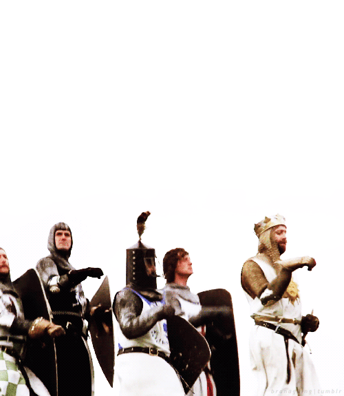 An animated gif from the film Monsty Python and the Holy Grail. King Arthur and his knights are riding imaginary horses across the screen.