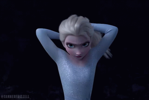 Elsa from Frozen 2, tying her hair back into a ponytail and nodding with determination.