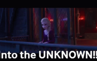 Elsa from Disney's Frozen 2, singing on a balcony at evening. Captioned "Into the UNKNOWN!"