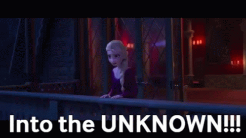 Elsa from Disney's Frozen 2, singing on a balcony at evening. Captioned "Into the UNKNOWN!"