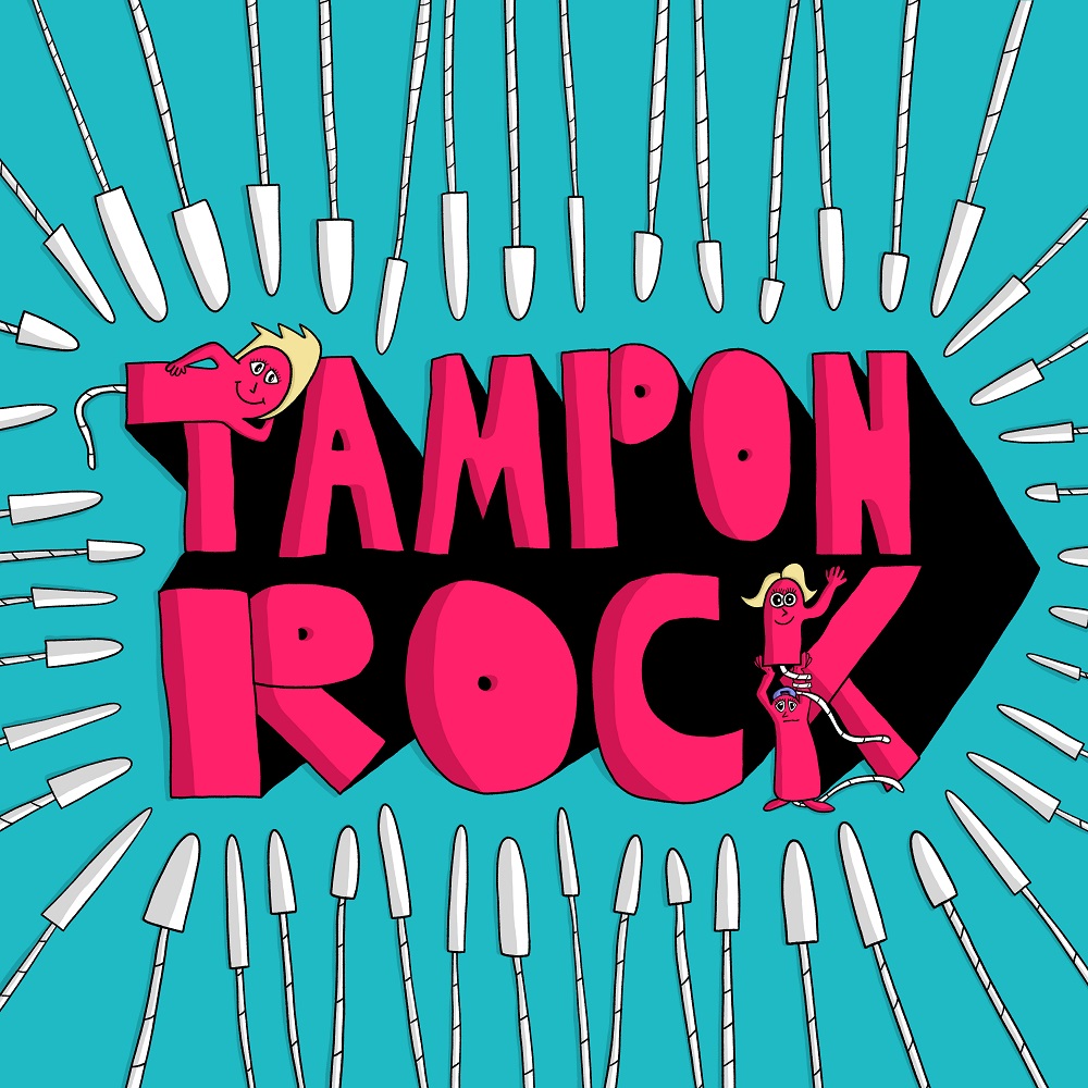 'Tampon Rock' Logo; the podcast name is centered in capitalized hot pink letters. Illustrated tampons surround the name in a frame.