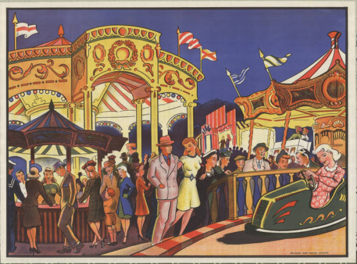  Poster with colour lithographic print of fair scene featuring dodgems and Sideshows, circa 1940.